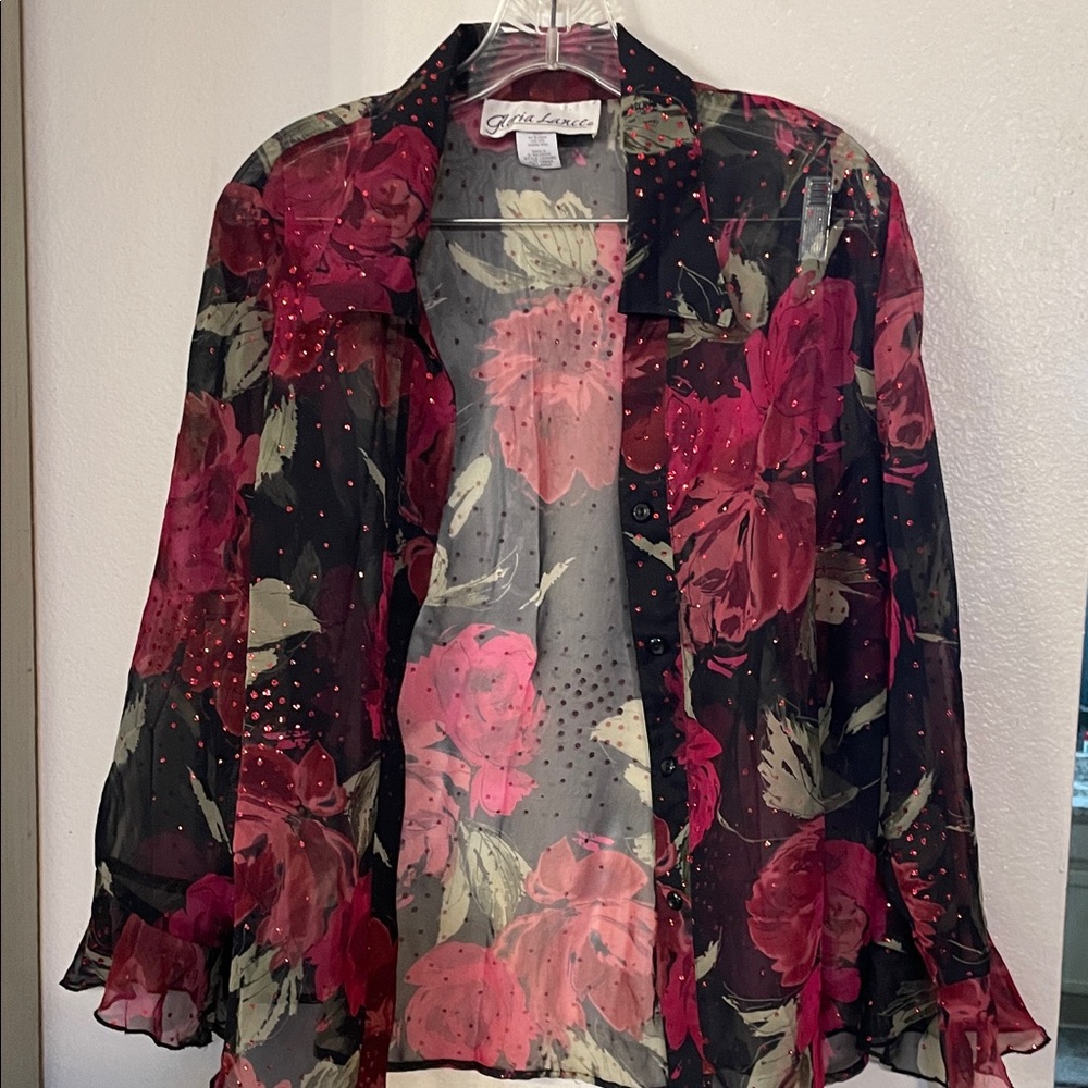 Giti Sheer Floral Blouse - Black and Pink